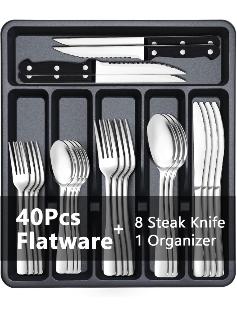 49-Piece Stainless Steel Silverware Set for 8 with Organizer & Steak Knives